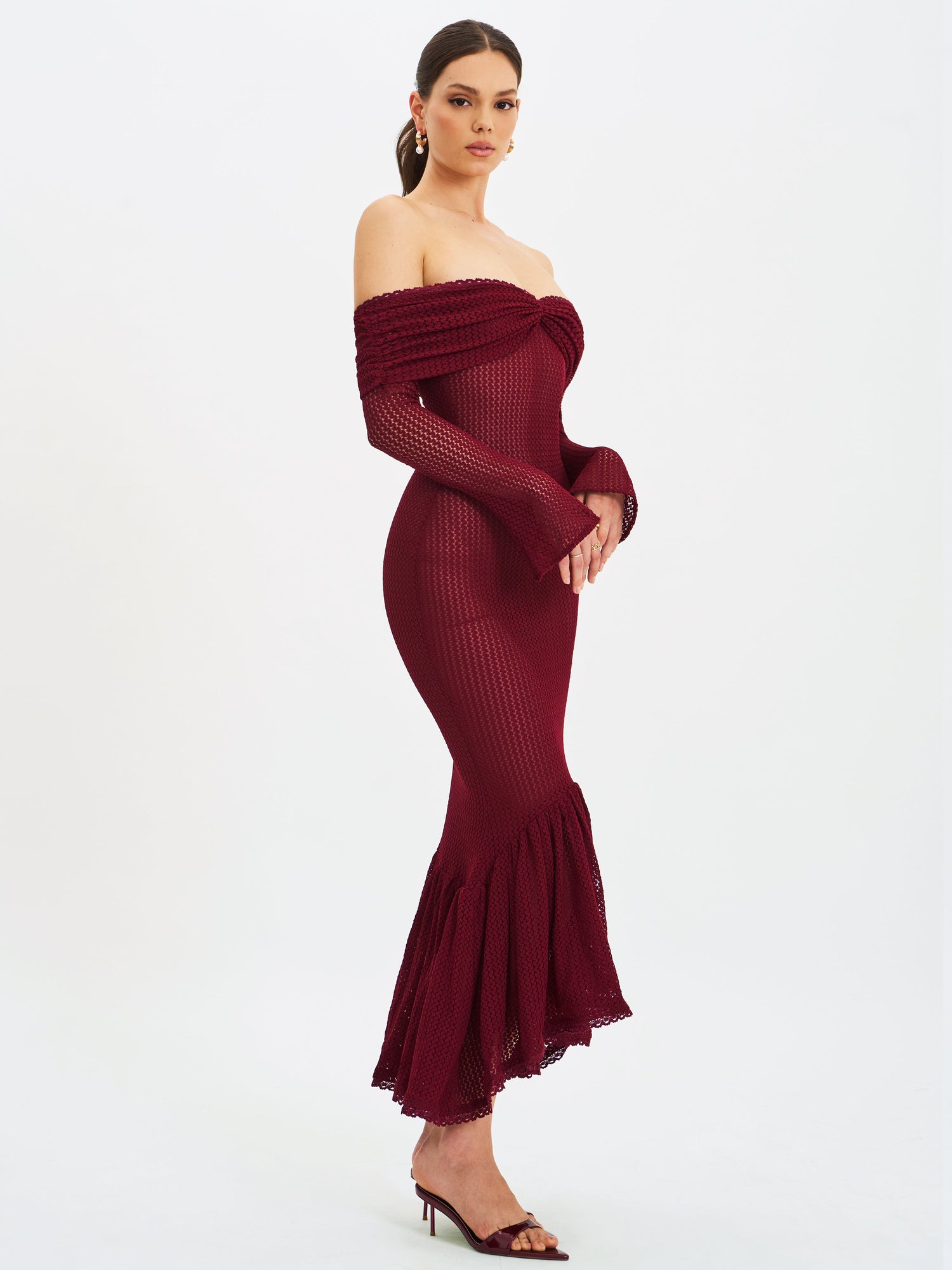 Kaedyn Off Shoulder Long Sleeve Crochet Mermaid Maxi Dress | Burgundy