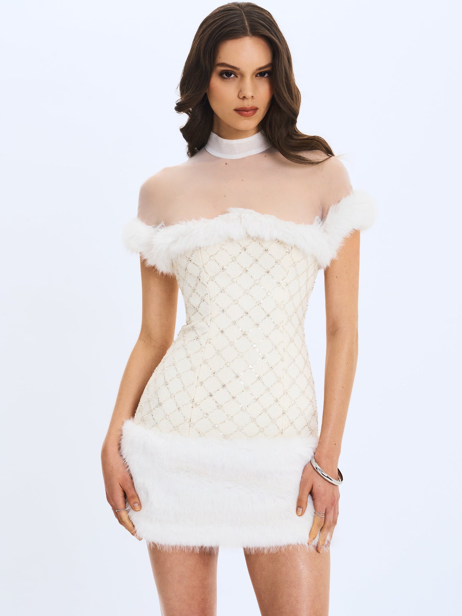 Taylor Fur Trimmed Beaded Boucle Mini Dress | Ivory