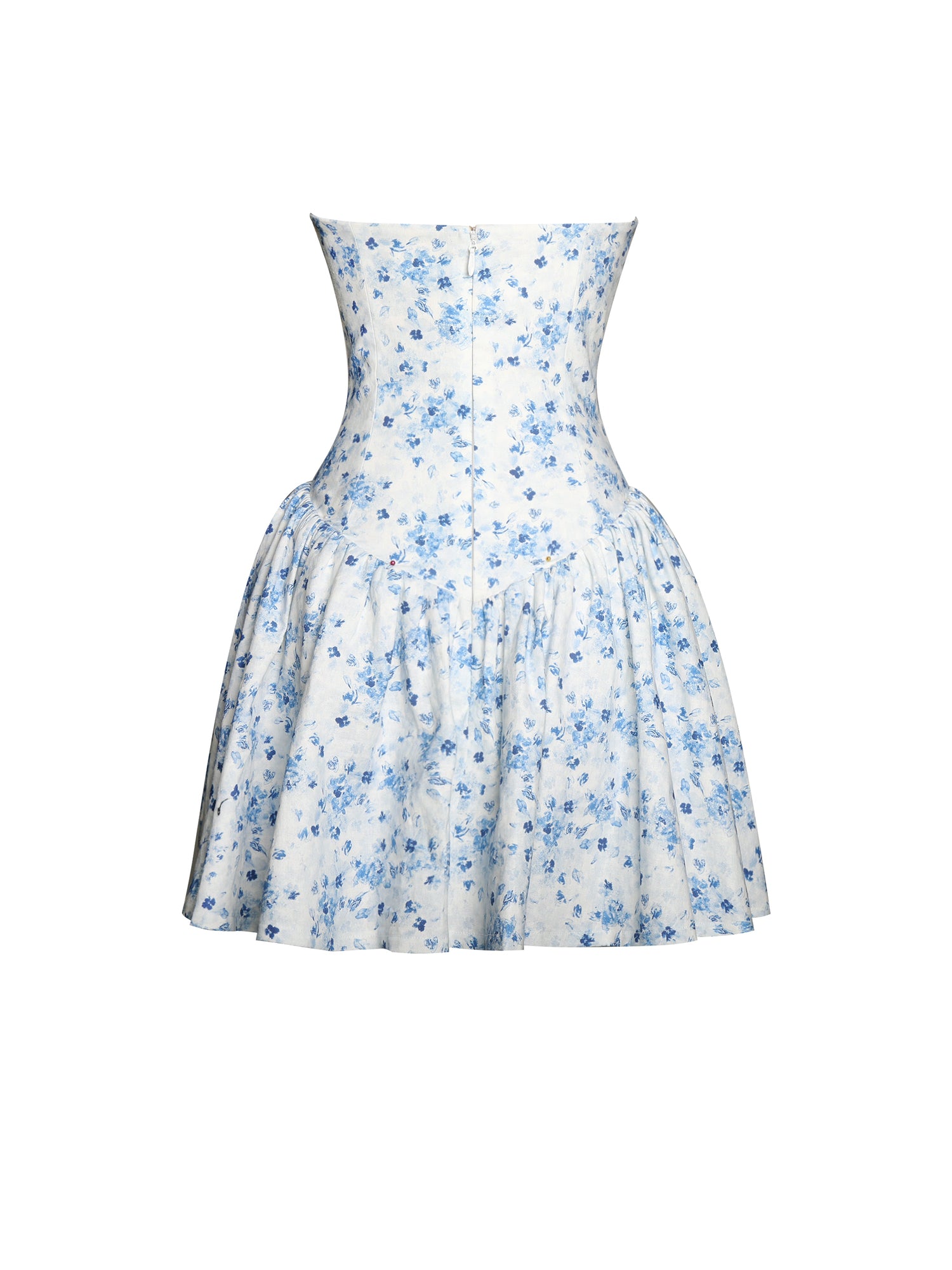 Taleah Floral Print Linen Mini Dress with Lace Trim | Blue