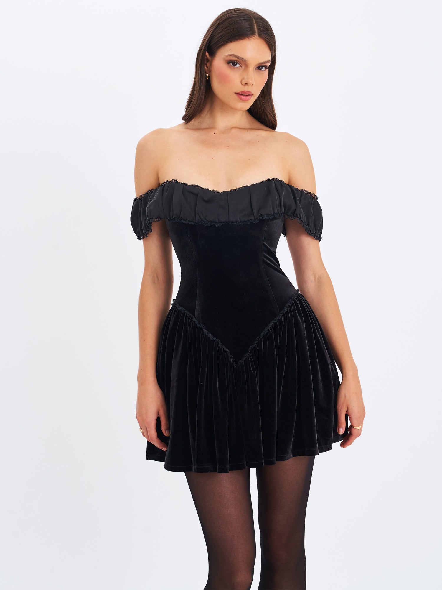 Daisha Lace Trimmed Off-Shoulder Ruched Mini Dress | Black