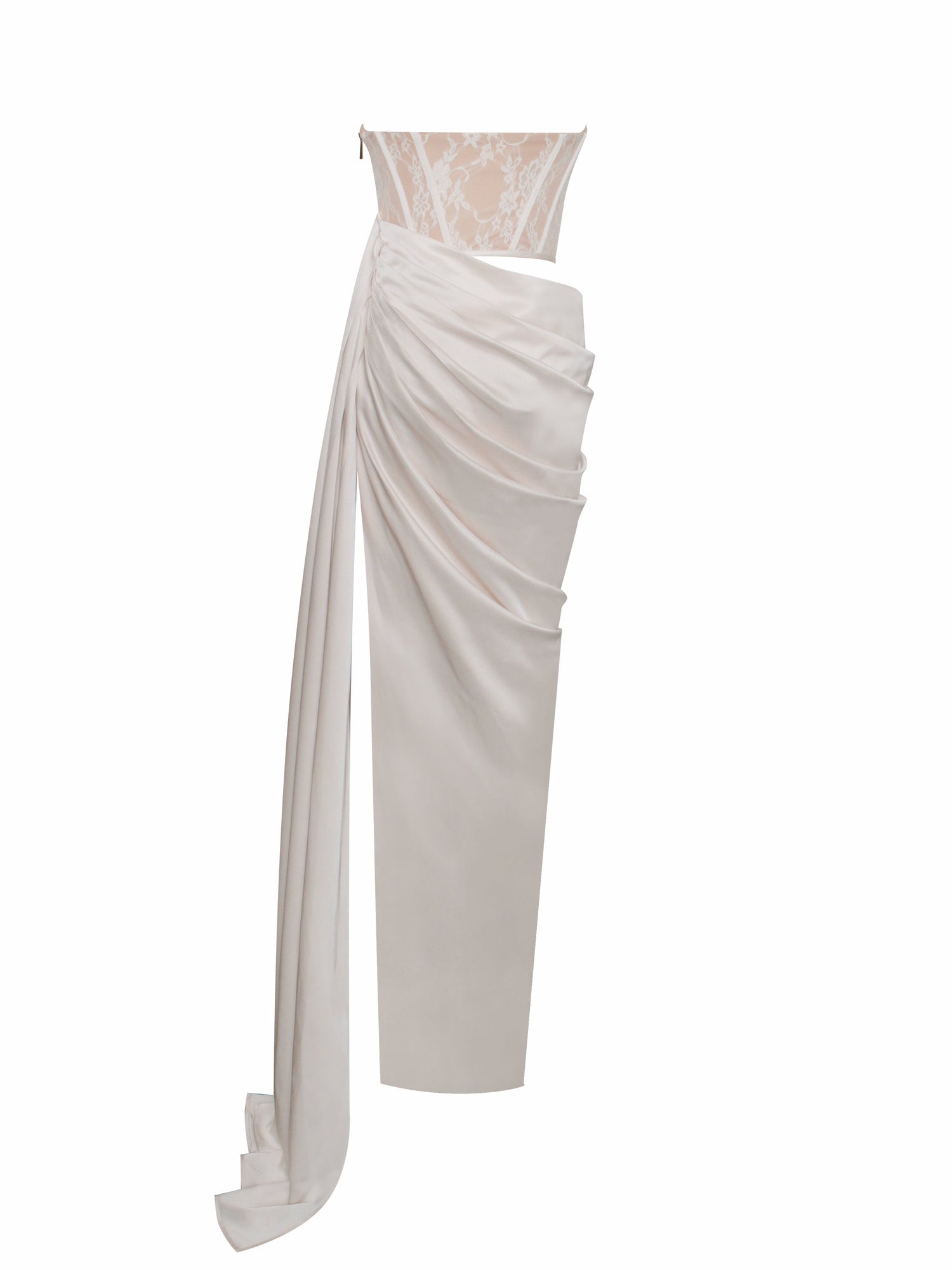 Callie Lace Satin Corset High Slit Gown | Pearl White