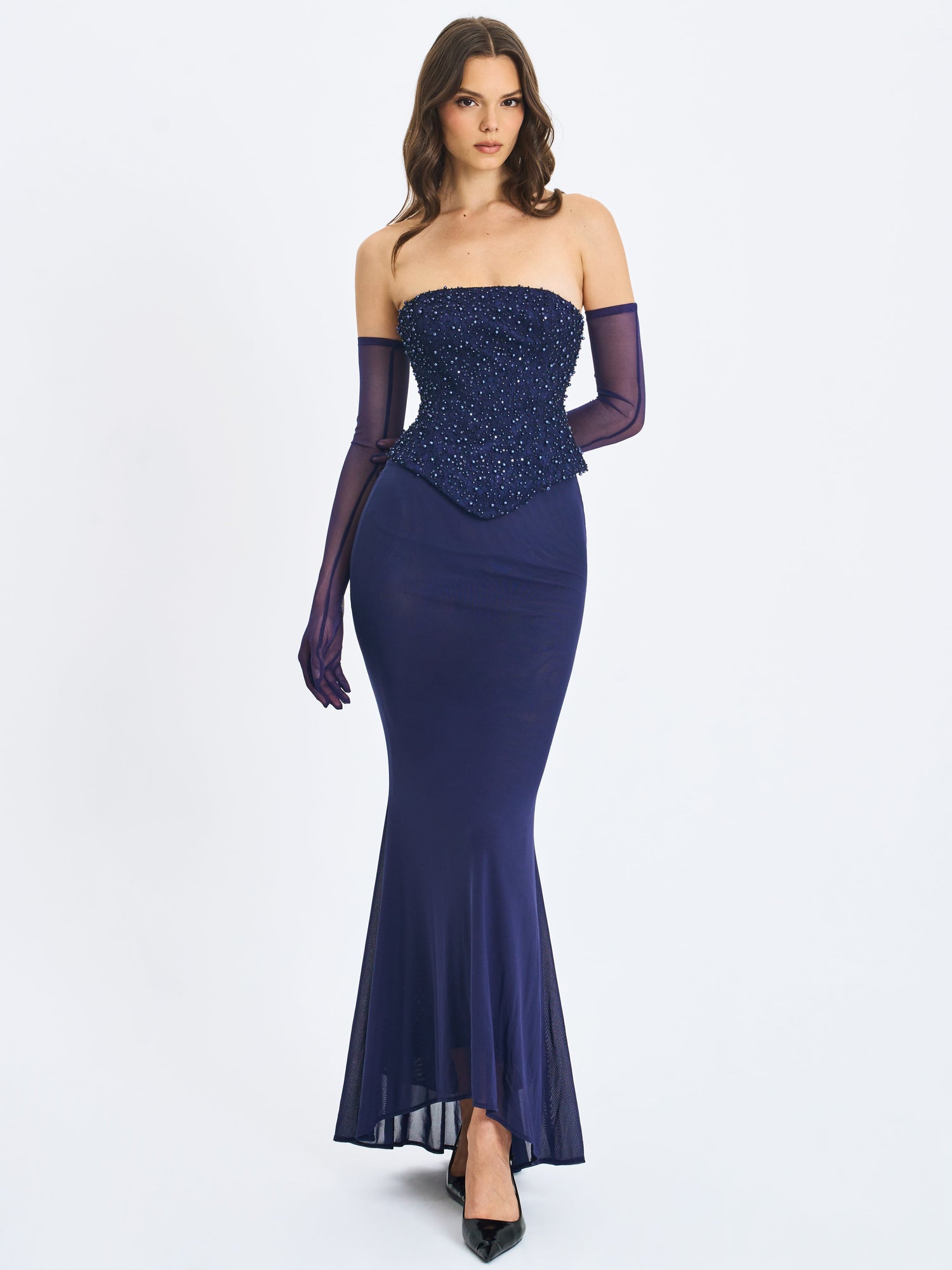 Orabelle Beaded Peplum Mermaid Maxi Gown with Lace-up Back | Navy