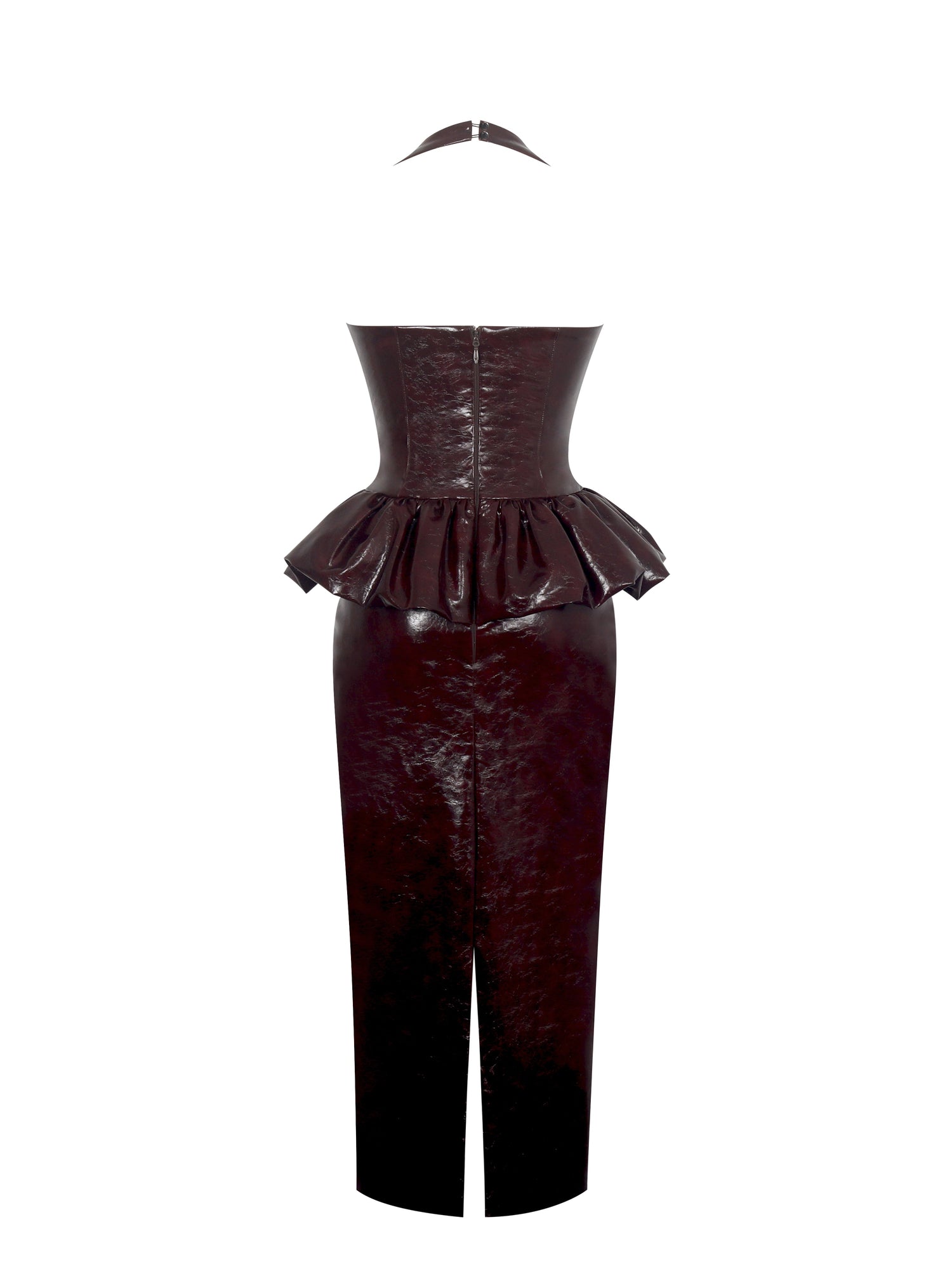 Jaslene Ruched Peplum Plunge Halter Midi Dress | Mahogany