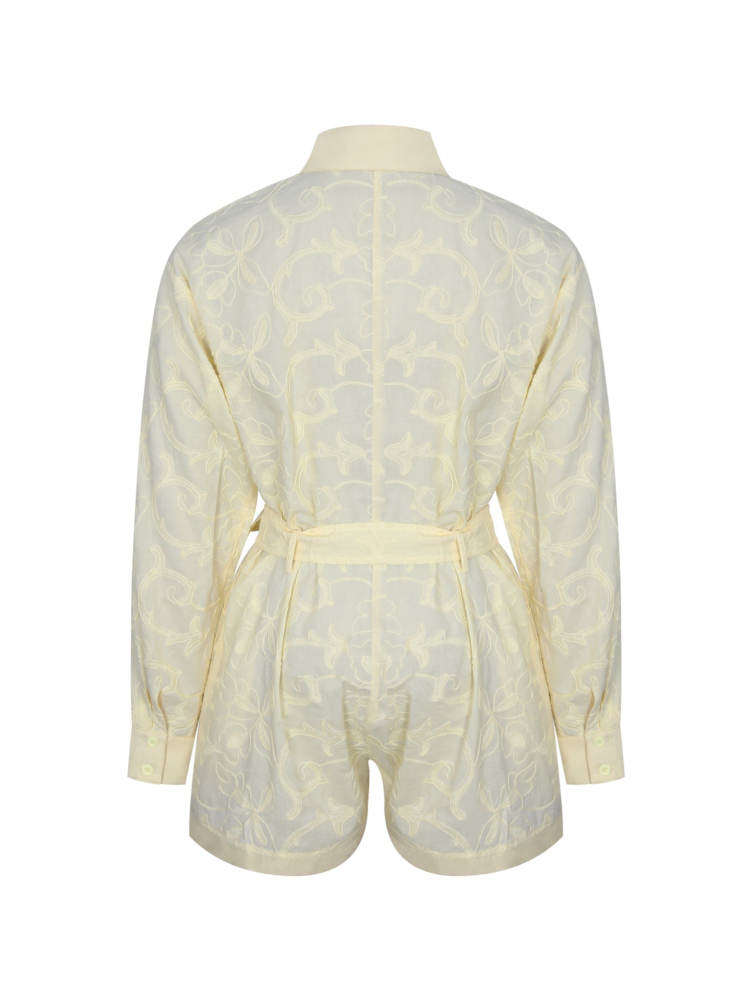 Malou Embroidered Poplin Belted Shirt Romper | Lemon Yellow