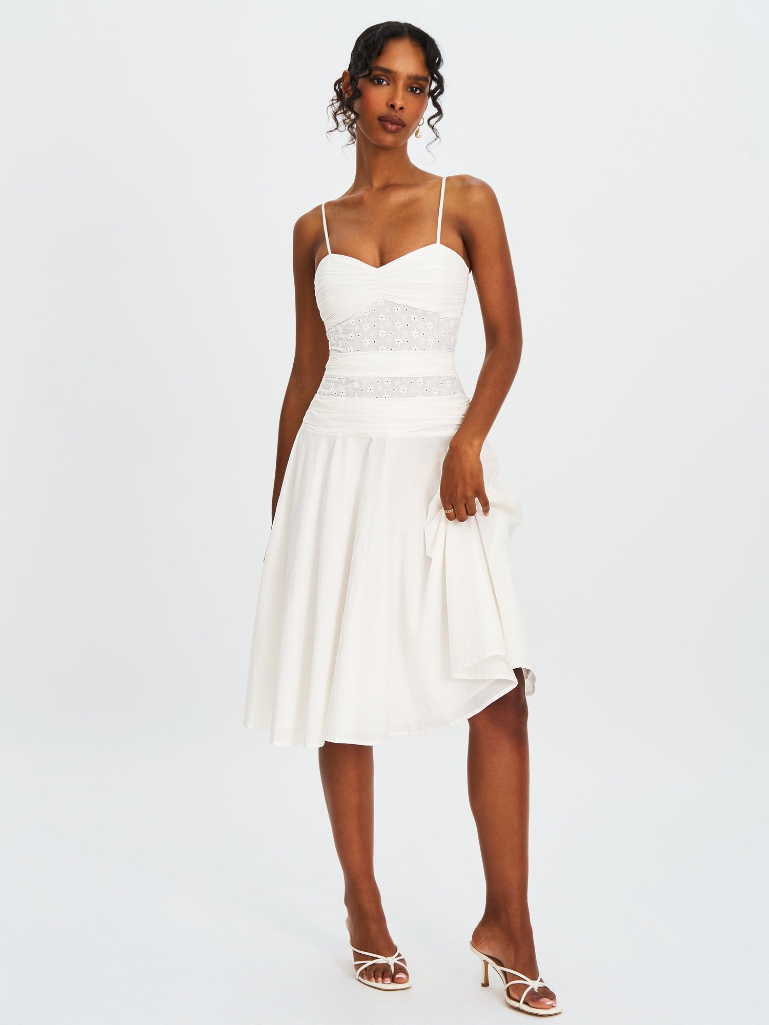 Maelis Cotton Eyelet Drop Waist Midi Dress | White