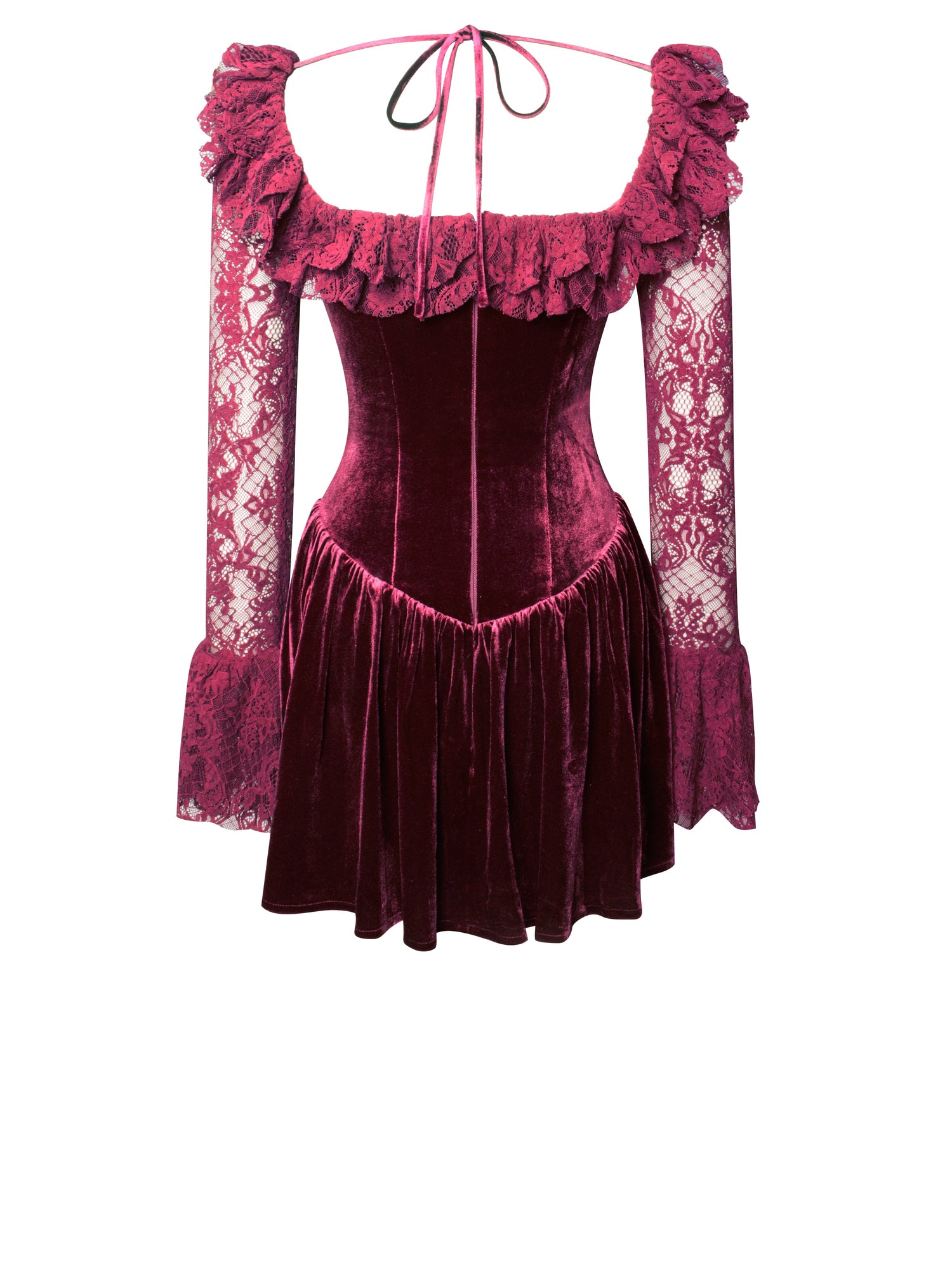 Yachira Velvet Lace Flare Sleeve Mini Dress | Burgundy