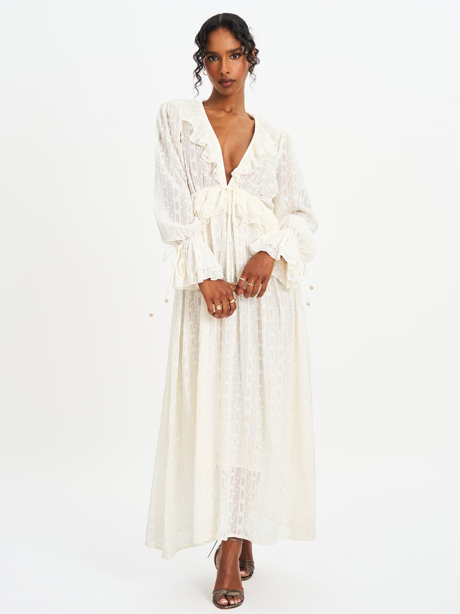 Safiya Jacquard Chiffon Long Sleeve Maxi Dress | White