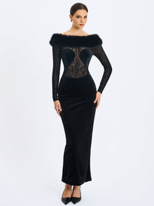 Alexis Velvet Animal Print Fur Boatneck Maxi Dress | Black
