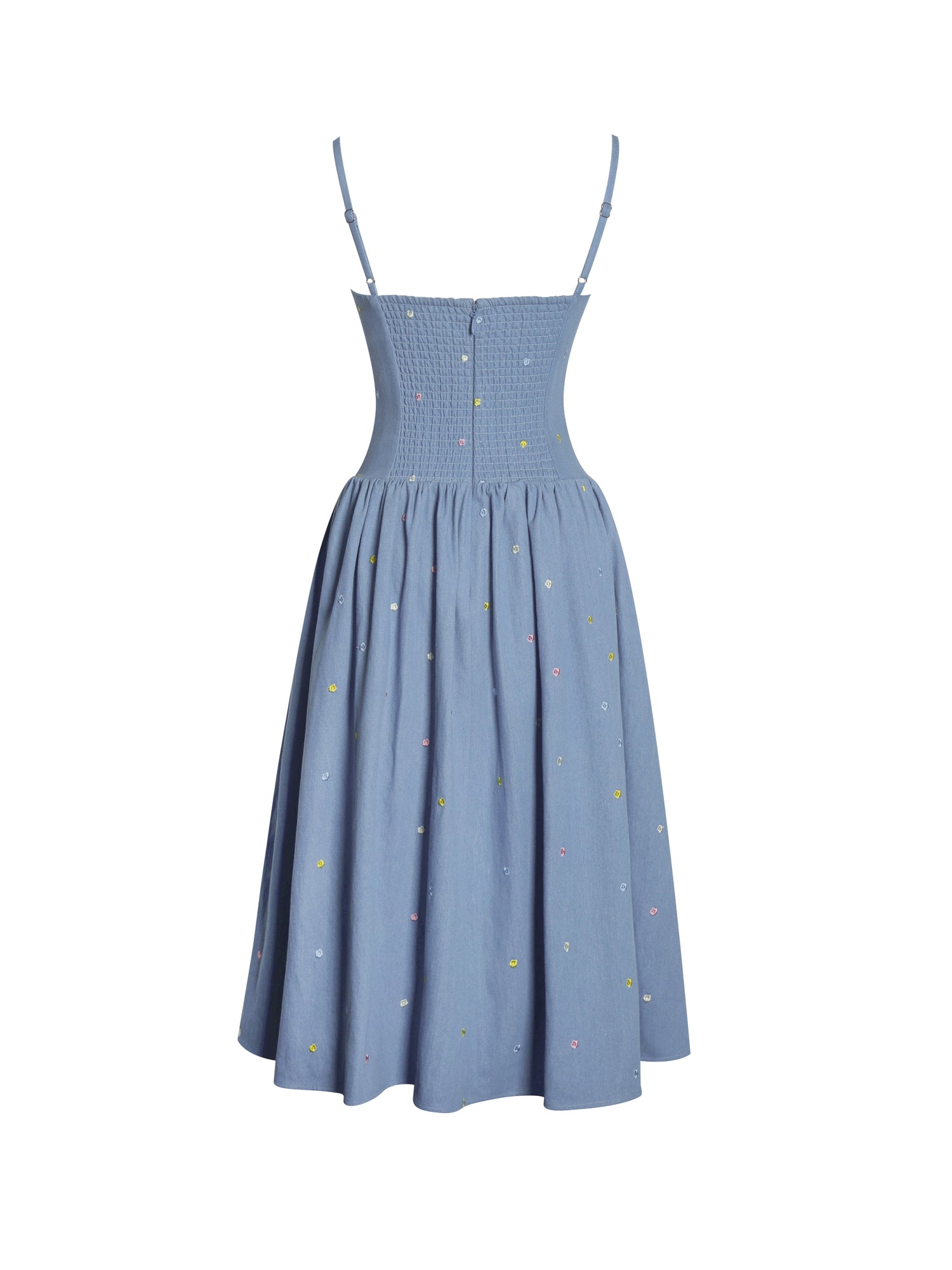 Zadie Cotton Denim Drop Waist Embroidery Flower Midi Dress | Blue