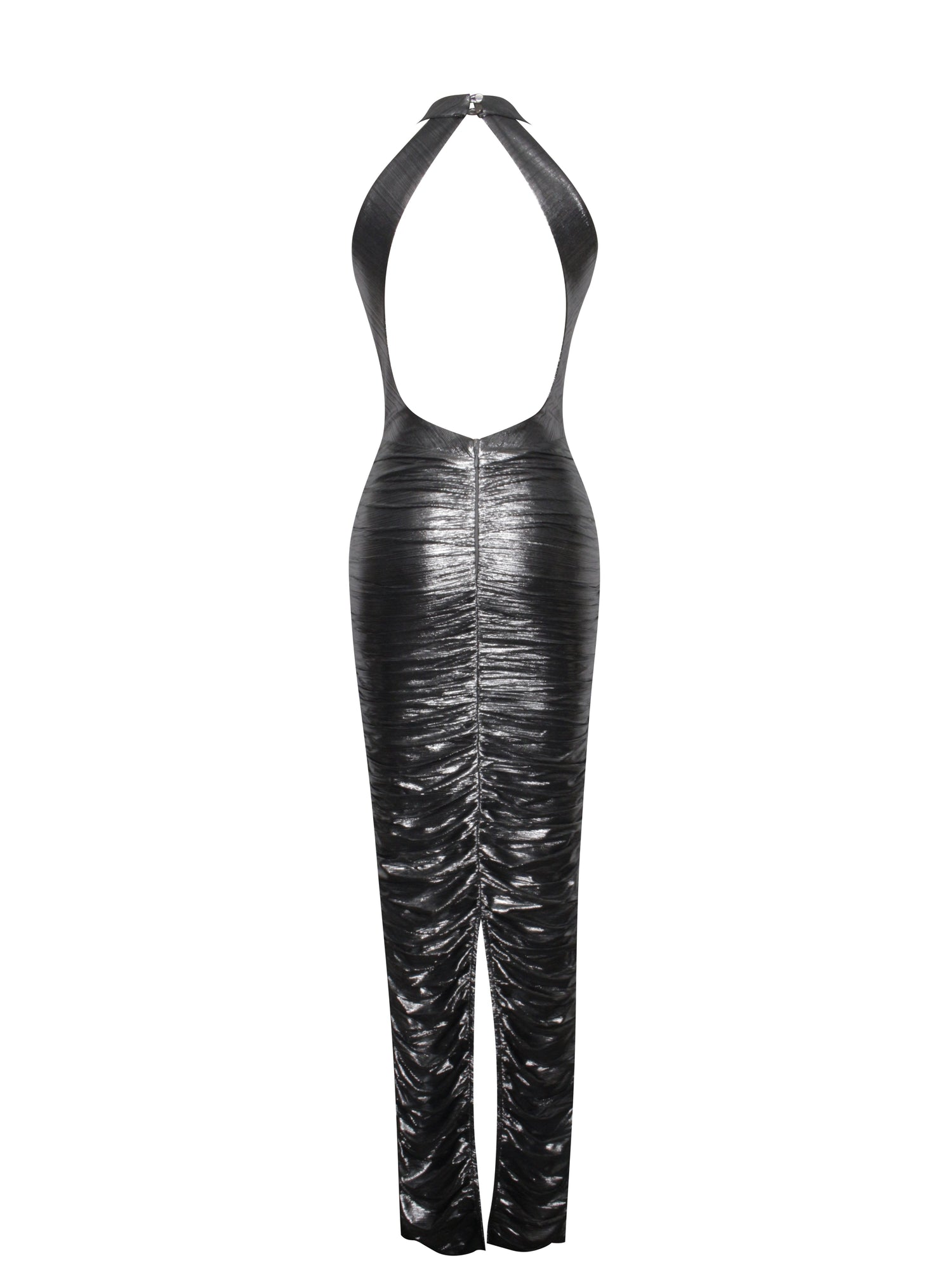 Abril Ruched Glitter Backless Gown | Silver
