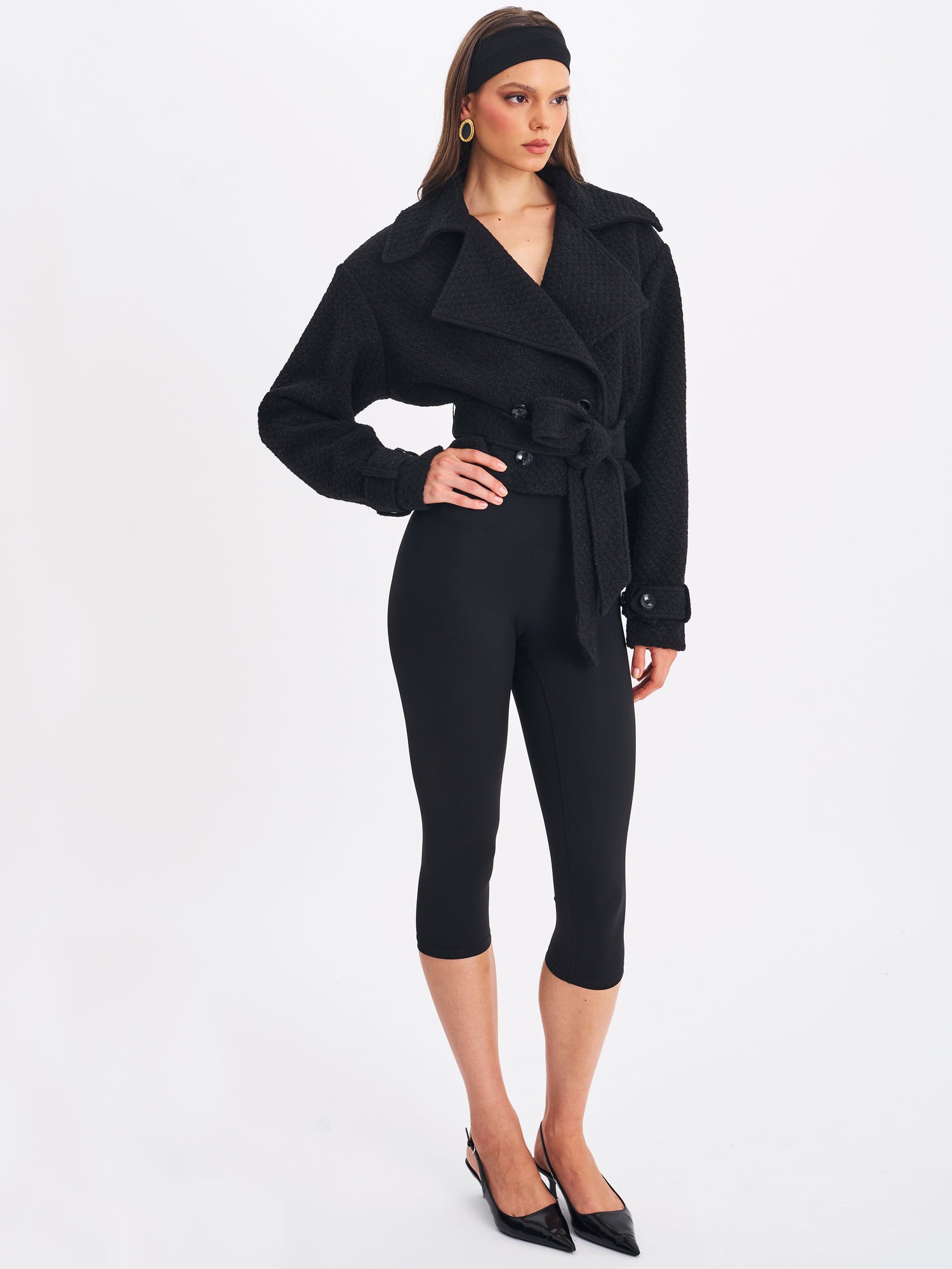Dara Wool Blend Cropped Double-Breasted Belted Coat | Black