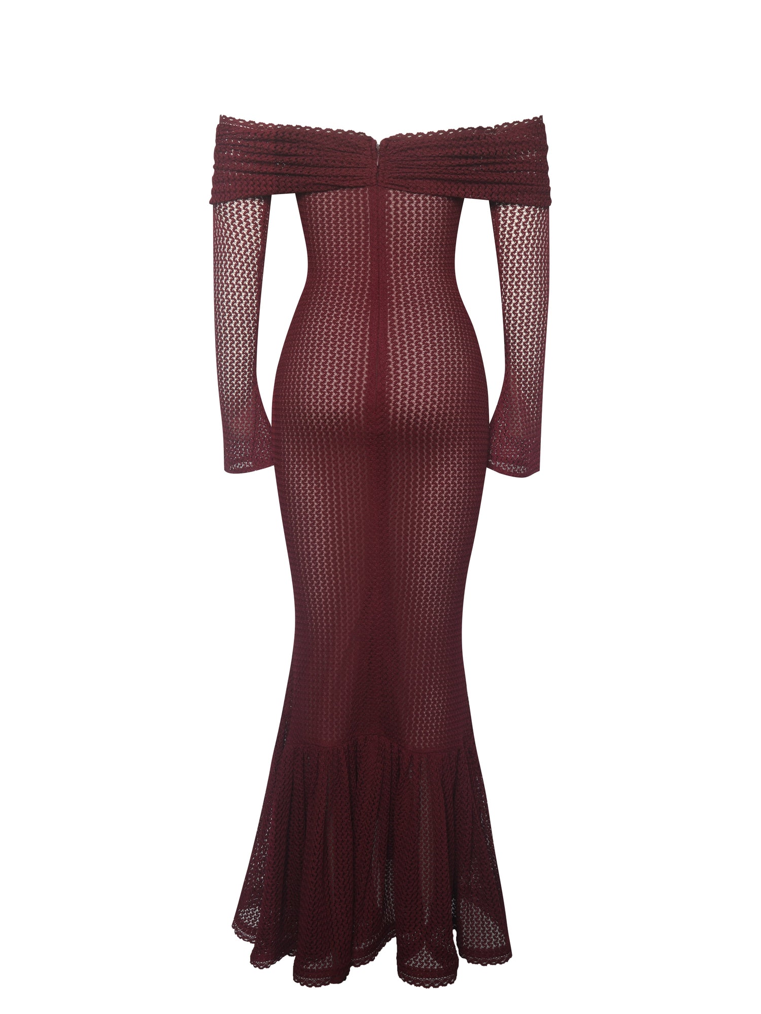 Kaedyn Off Shoulder Long Sleeve Crochet Mermaid Maxi Dress | Burgundy
