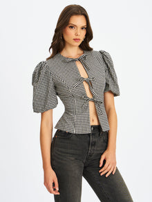 Qusayla Cotton Bubble Sleeve Bowtie Top | Black Gingham