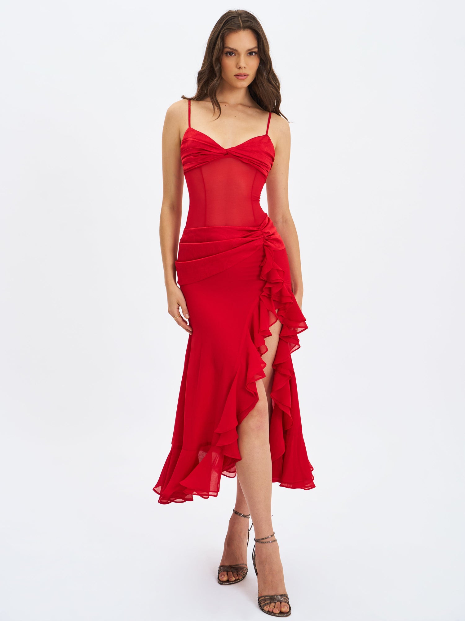 Dahlina Ruched Waist High Slit Midi Dress | Red
