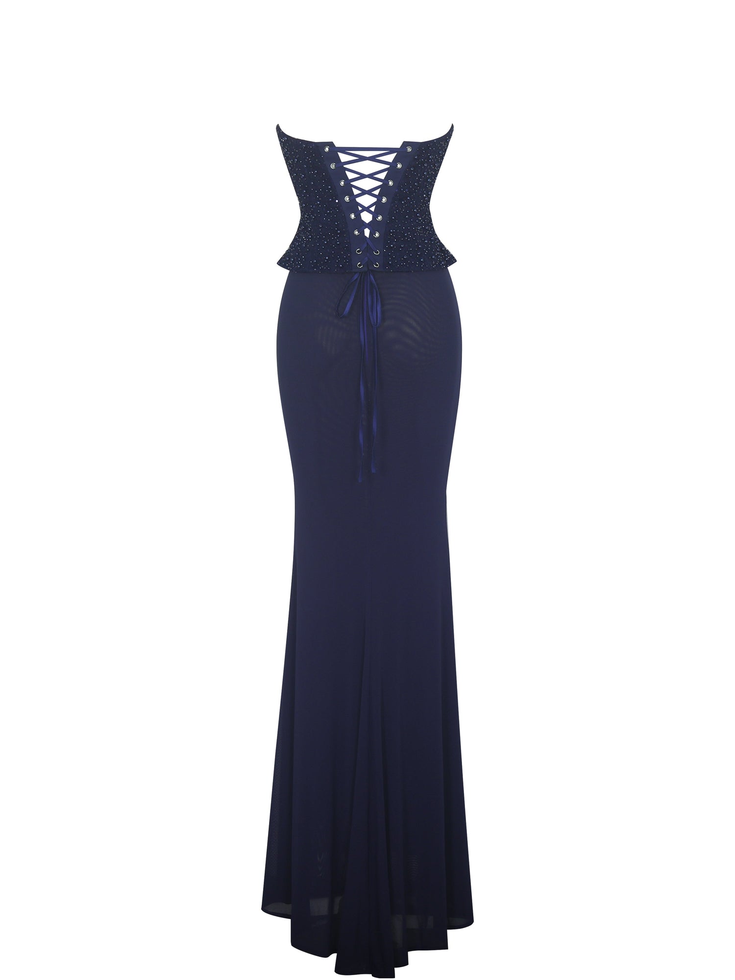 Orabelle Beaded Peplum Mermaid Maxi Gown with Lace-up Back | Navy