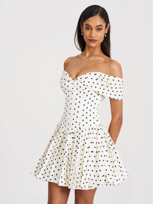 Edeline Polka Dot Off-shoulder Pleated Mini Dress | Black and White Polka Dot