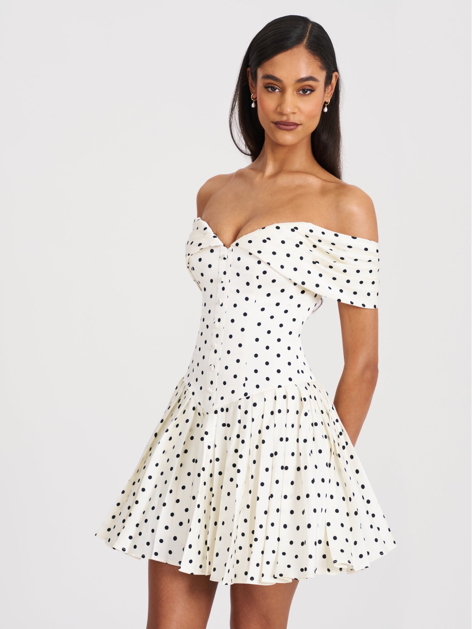 Edeline Polka Dot Off-shoulder Pleated Mini Dress | Black and White Polka Dot