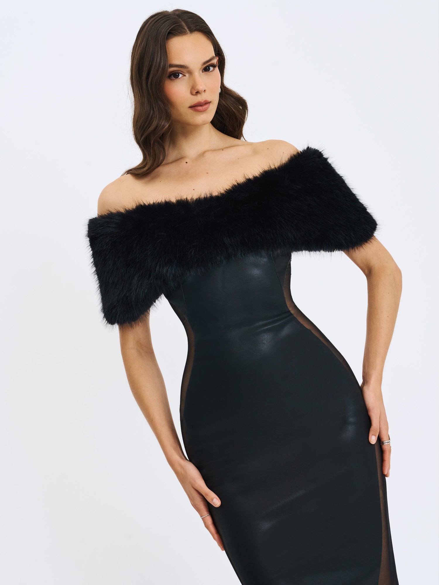 Bellis Fur Trim Mesh Panel Off-Shoulder Midi Dress | Black