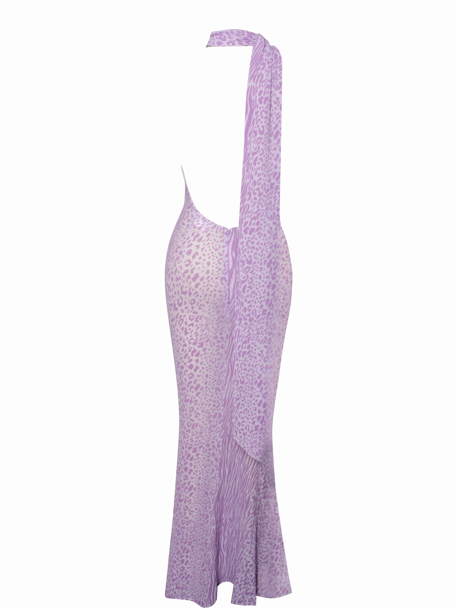 Olena Burnout Velvet Animal Print Mesh Halter Neck Maxi Dress | Purple