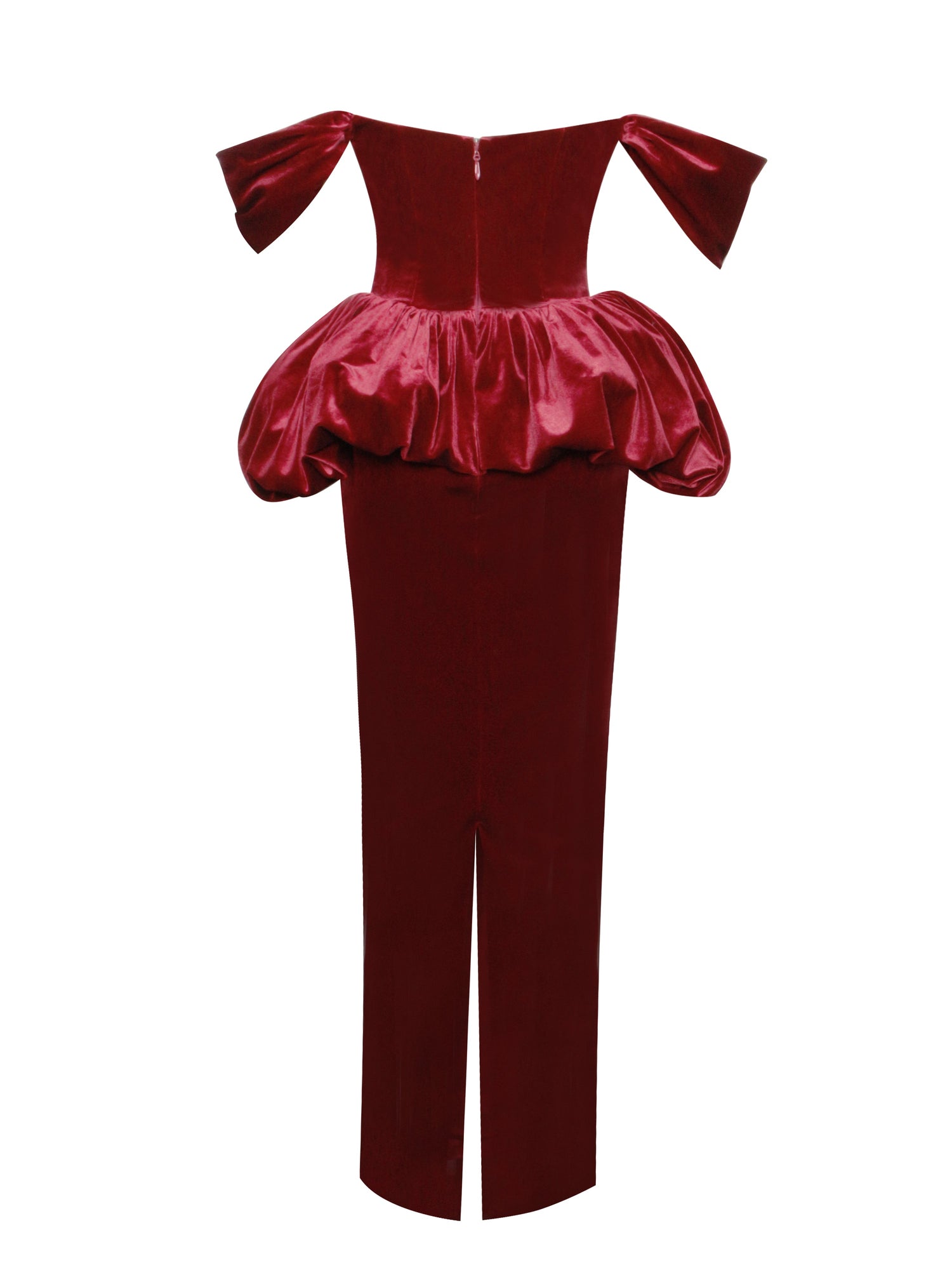 Abigail Velvet Off Shoulder Bubble Hem Peplum Maxi Dress | Burgundy