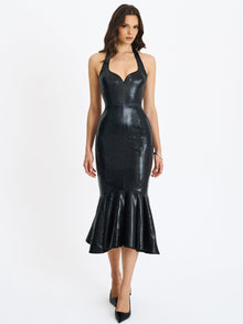 Gardenia Leather Midi Sweetheart Halter Flared Dress | Black
