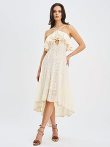 Idra Lace Trim Sleeveless Crochet Midi Trailing Dress | Beige