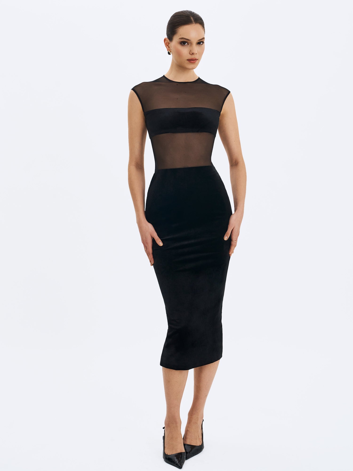 Quielle Mesh and Velvet Midi Bodycon Dress | Black