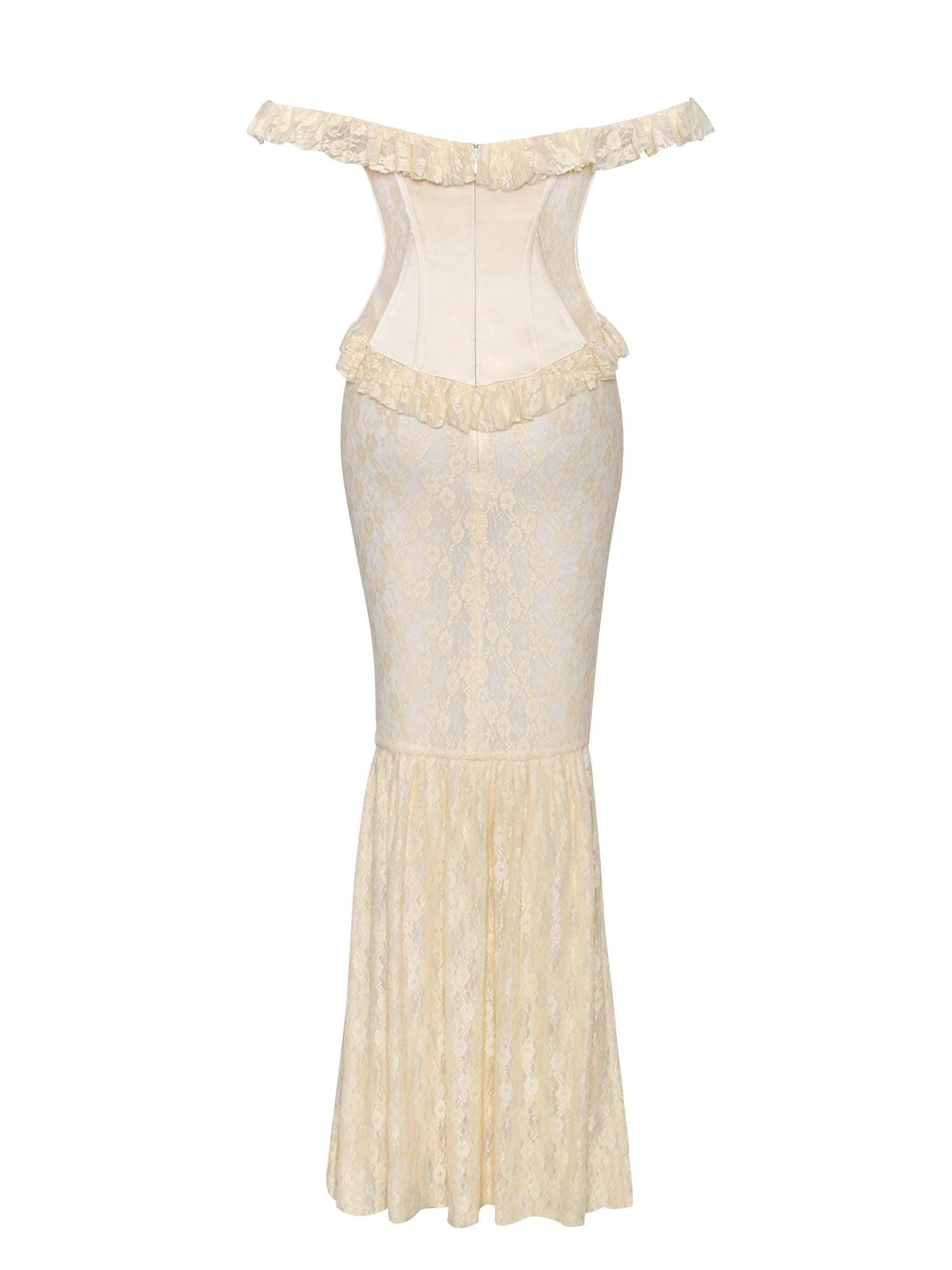 Ersilia Satin Lace Peplum Corset Off Shoulder Maxi Dress | Pale Yellow
