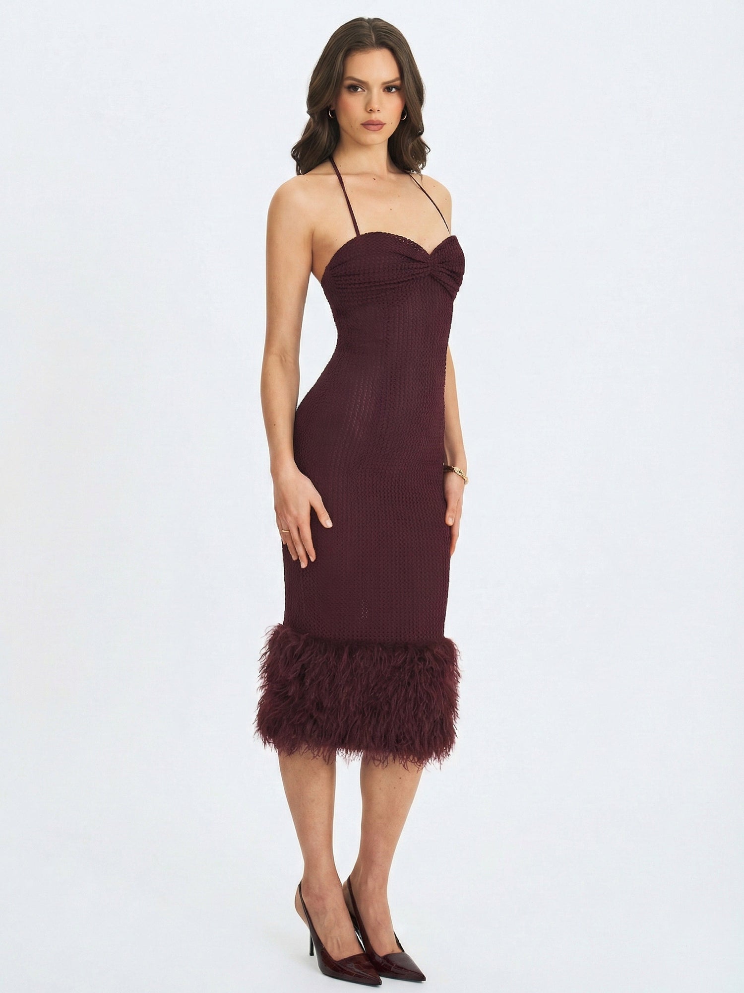Pluma Halter Faux-Fur Trimmed Midi Dress | Maroon