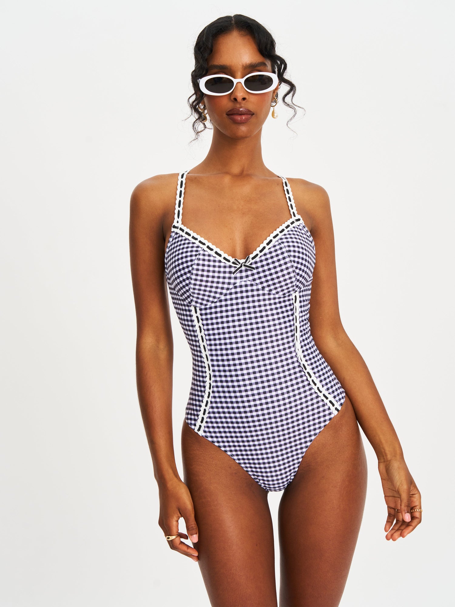 Gigi Lace Strap Backless Swimsuit | Black Gingham