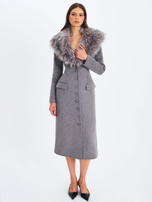 Faye Wool Blend Single-Breasted Coat with Removable Faux Fur Collar | Grey