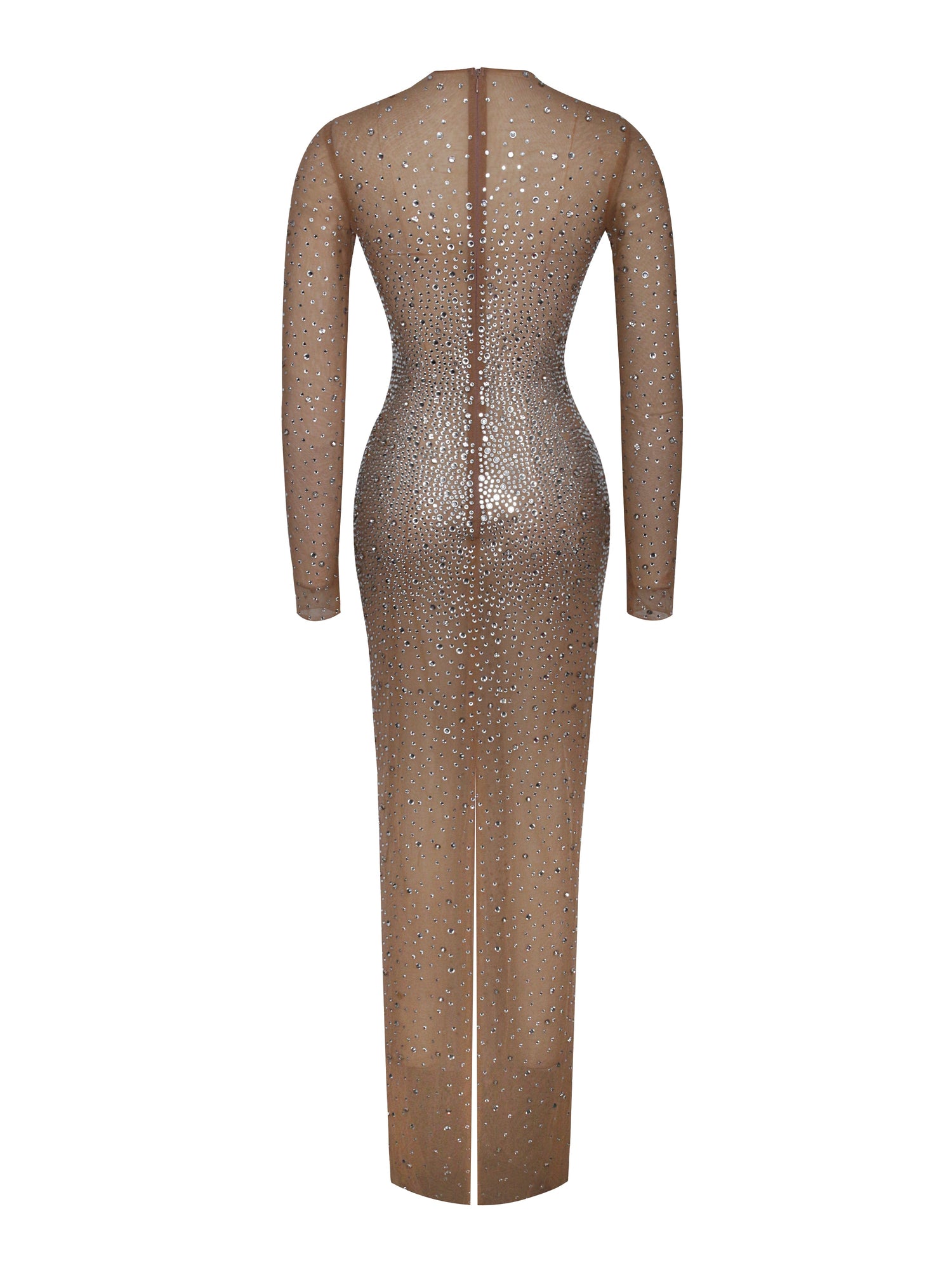 Isabel Crystal Embellished Mesh Long Sleeve Maxi Dress | Beige
