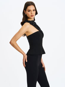Quinette Peplum Top with Beaded Asymmetrical Cape | Black
