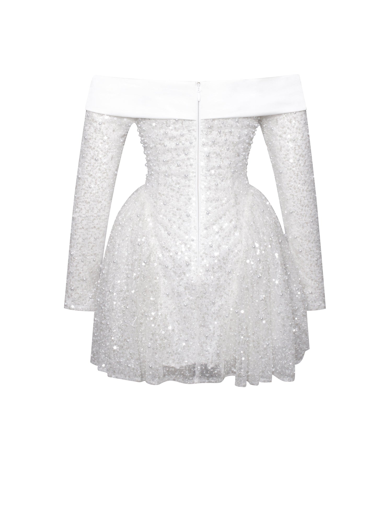 Kira Bead Embroidered Mesh Off Shoulder Long Sleeve Mini Dress | White