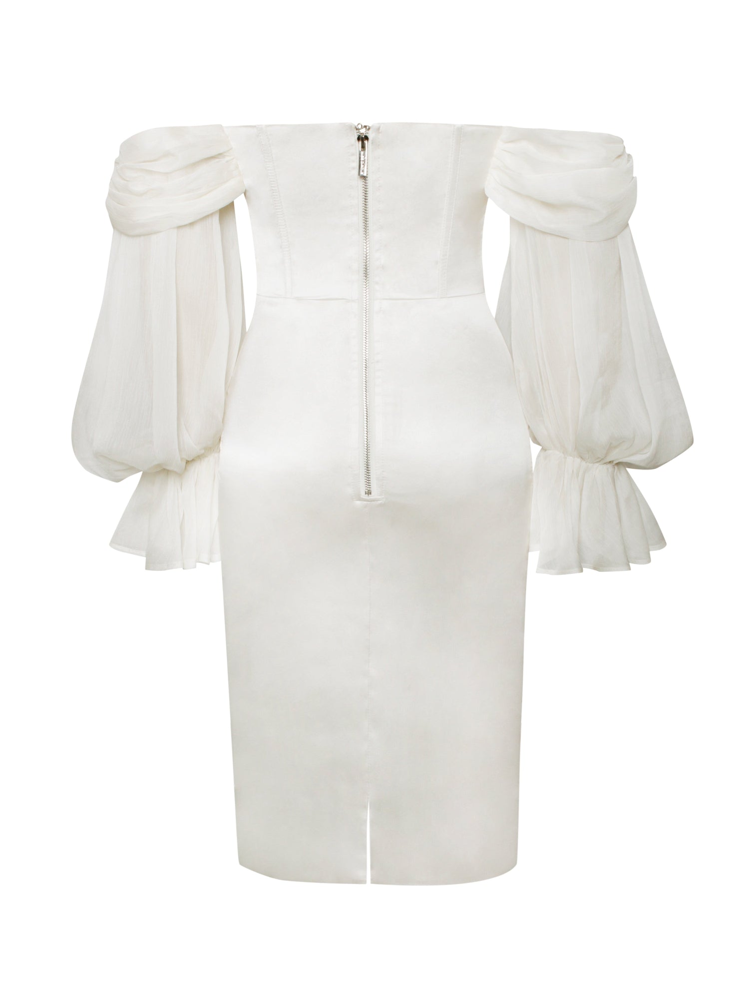 Lydia Satin Off Shoulder Puff Sleeve Dress | Pearl White