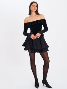 Magnolia Off-Shoulder Layered Satin Mini Dress | Black