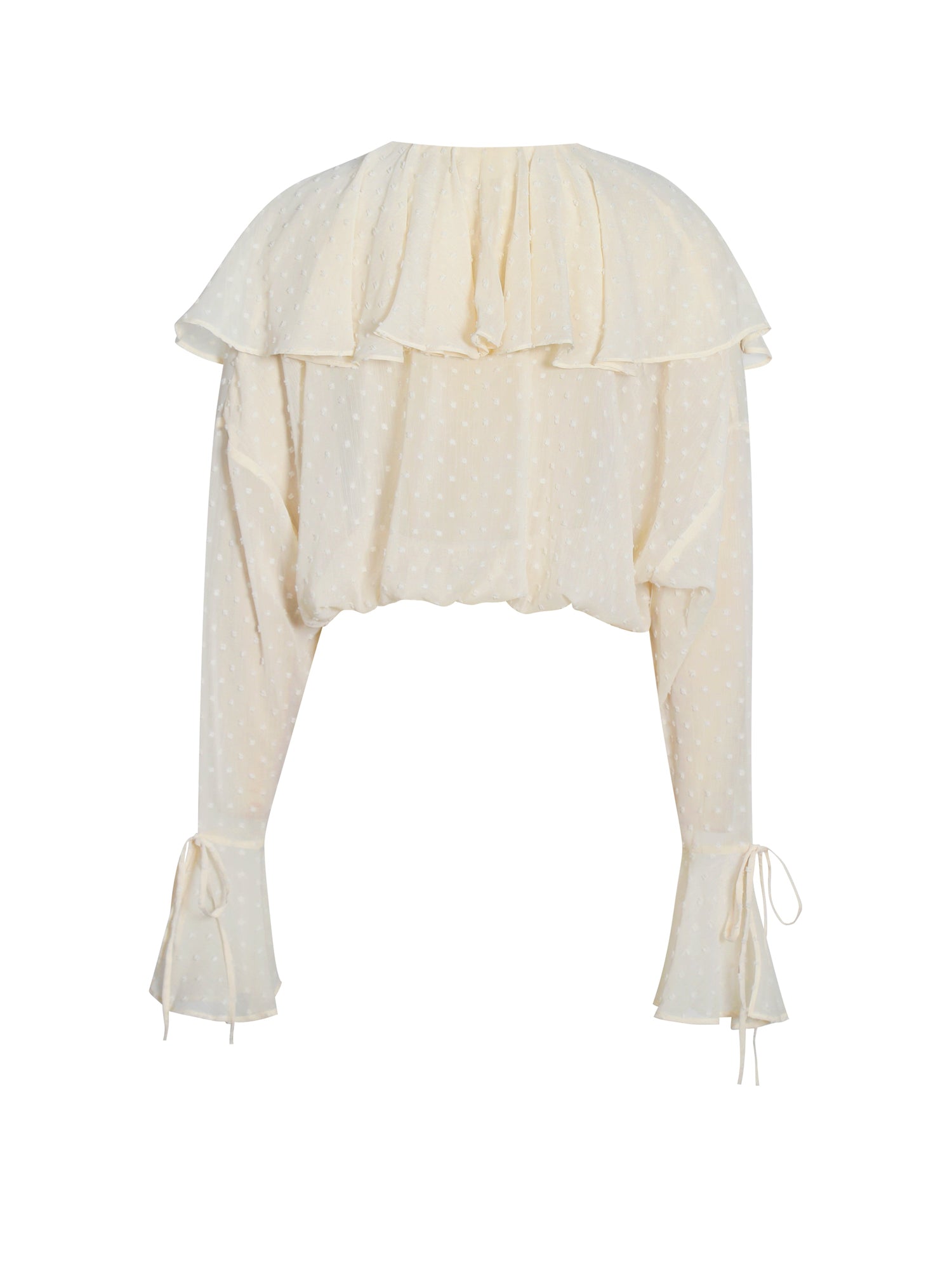 Magali Dotted Mesh Ruffle V Collar Top | Beige