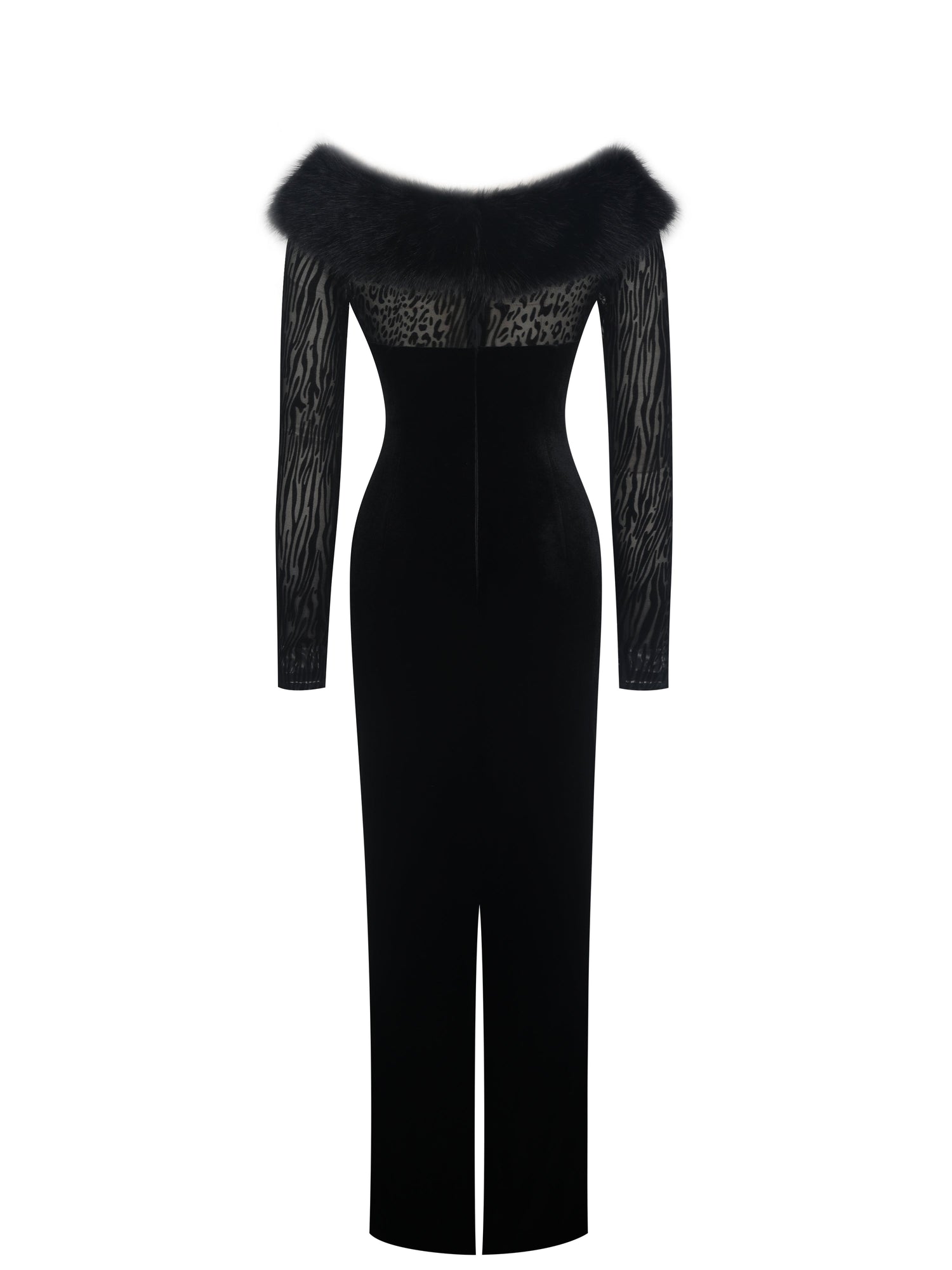 Alexis Velvet Animal Print Fur Boatneck Maxi Dress | Black