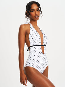 Olive Base Polka Dot Ruched Halter Backless Swimsuit | White