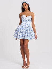Taleah Floral Print Linen Mini Dress with Lace Trim | Blue