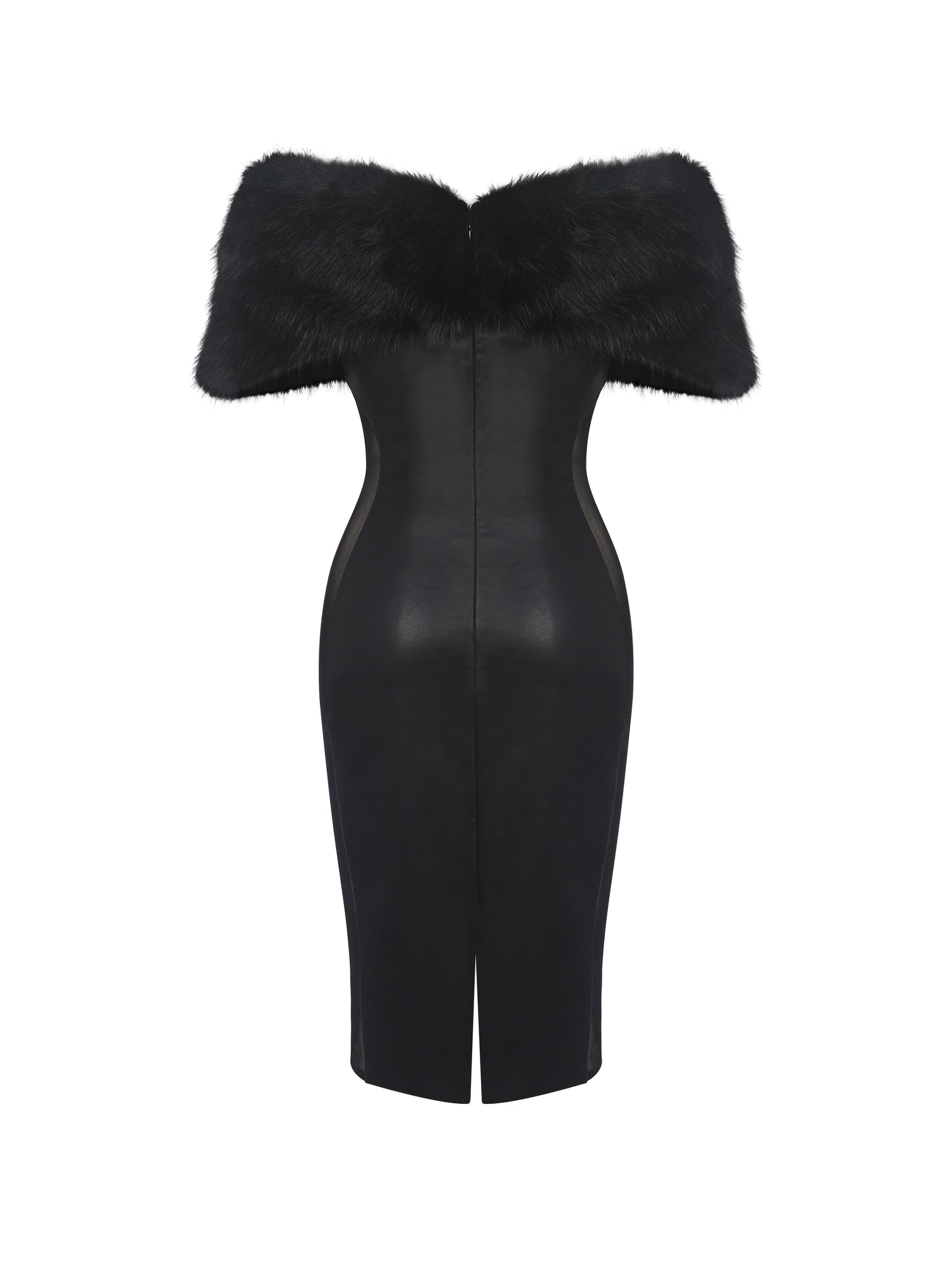 Bellis Fur Trim Mesh Panel Off-Shoulder Midi Dress | Black