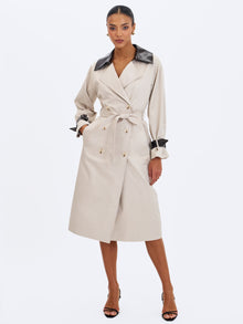Umber Double-Breasted Faux Leather Lapel Trench Coat | Oyster