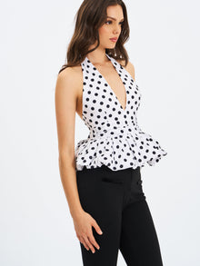 Ilene Polka Dot Cotton Poplin Bubble Hem Halter Top | Black and White Polka Dot