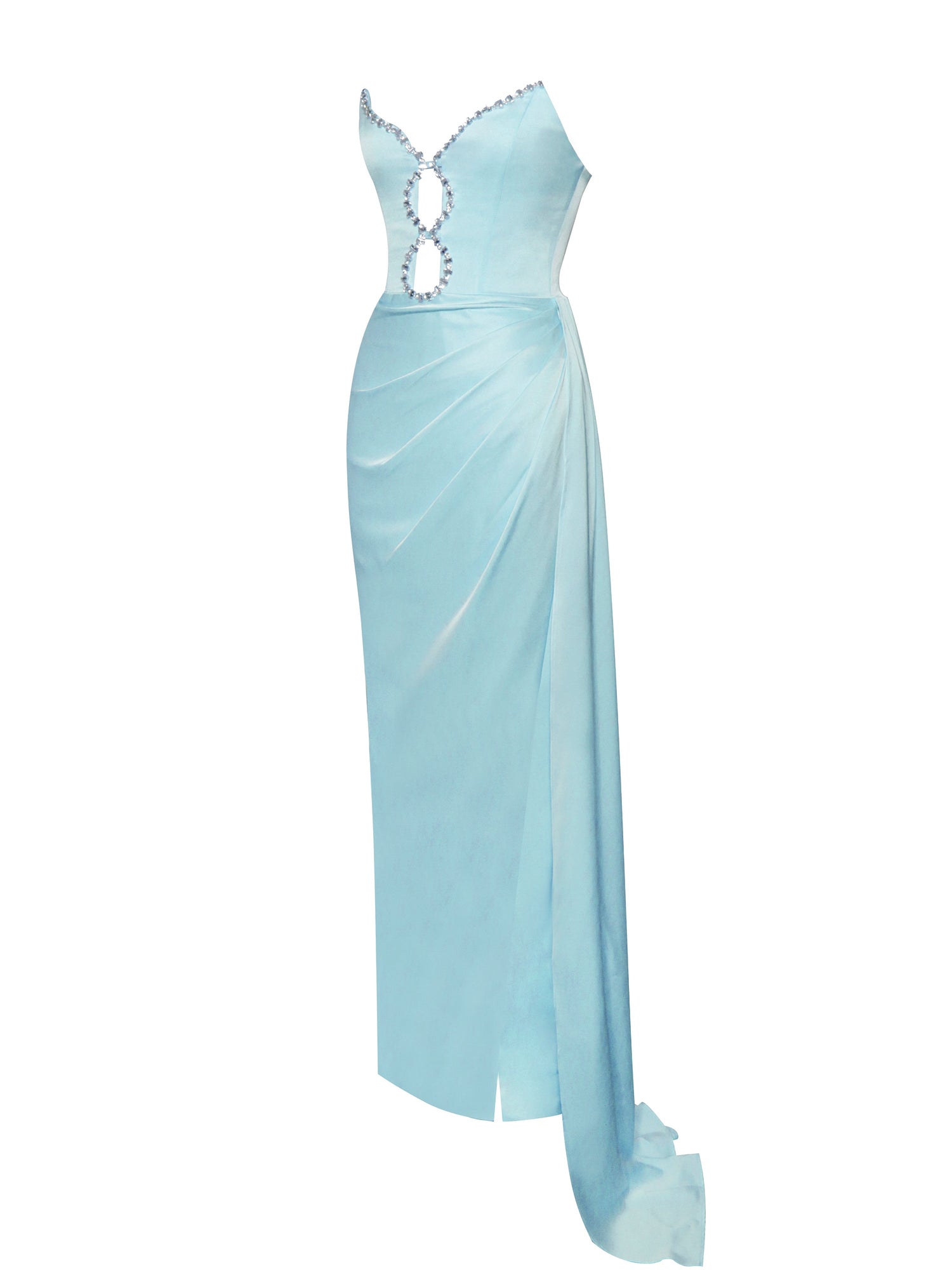 Marilyn Satin Crystal Embellished High Slit Gown | Pale Blue