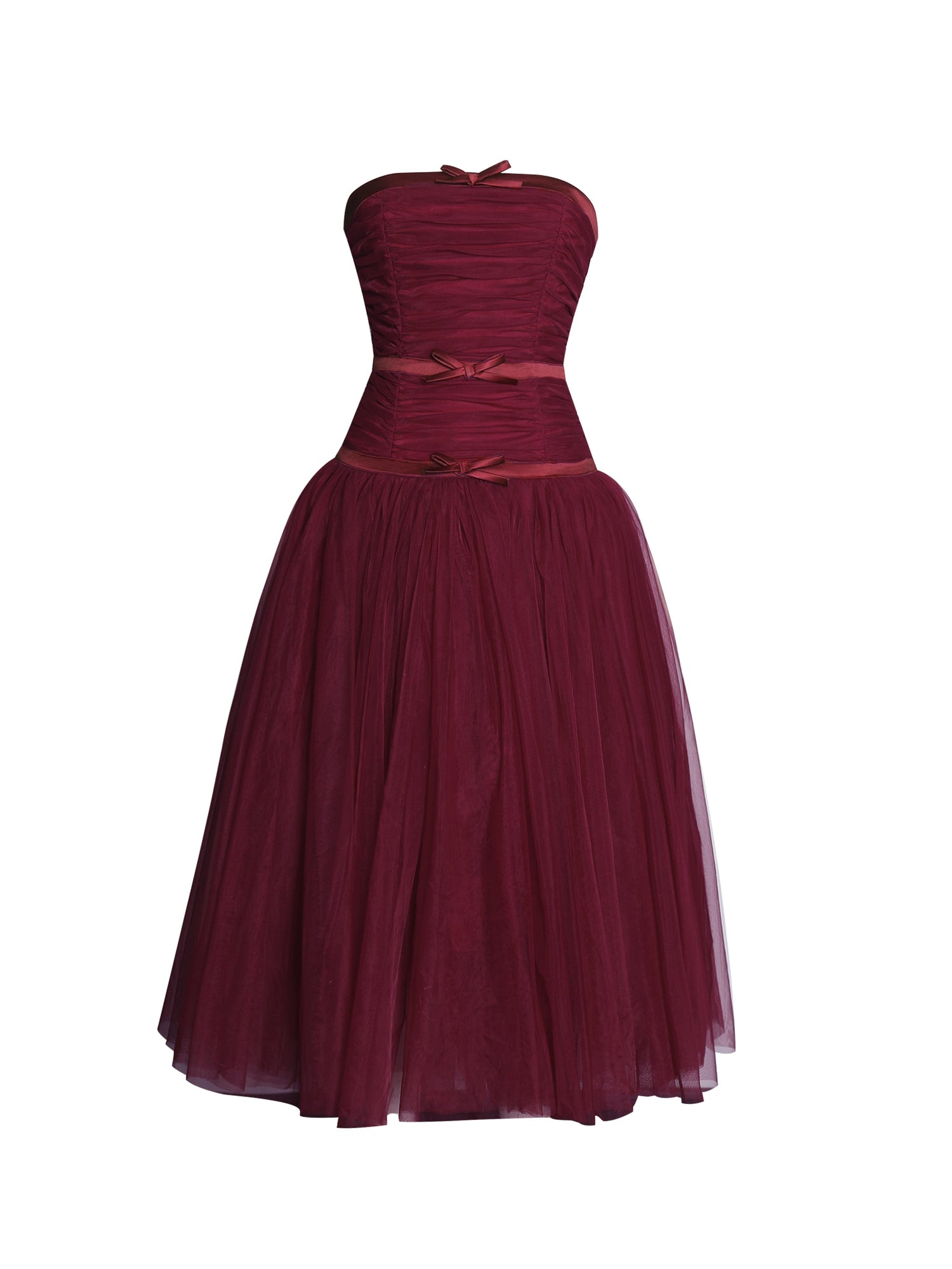 Mabel Drop Waist Layered Mesh Midi Puffy Dress with Bow | Burgundy