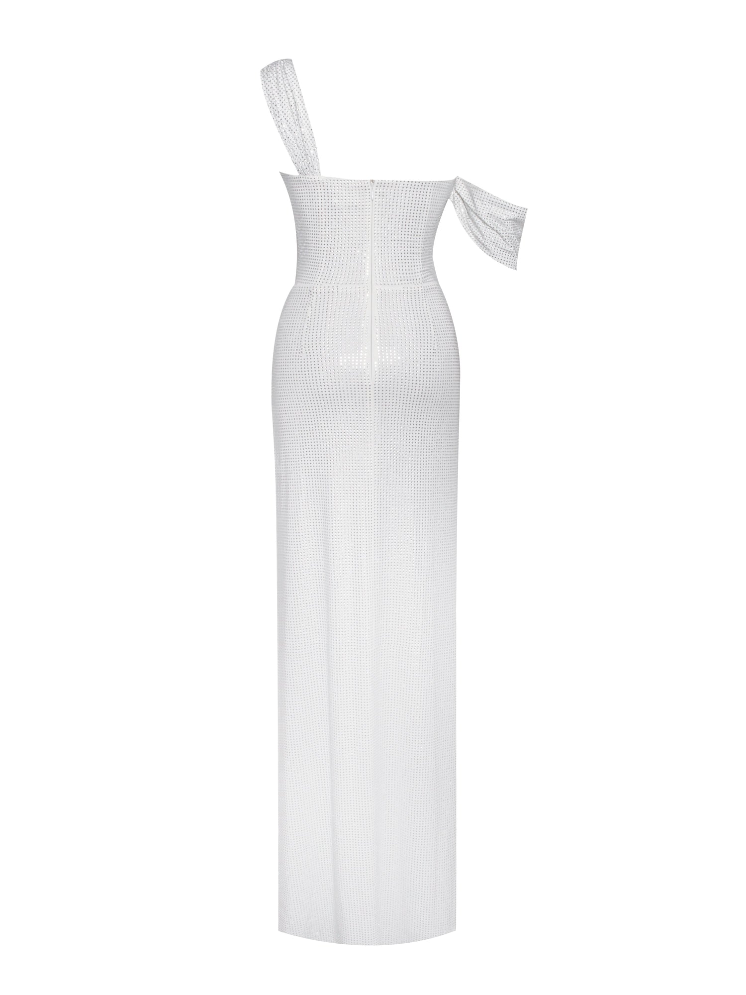 Paget Mesh Rhinestone Embellished High Slit Gown | White