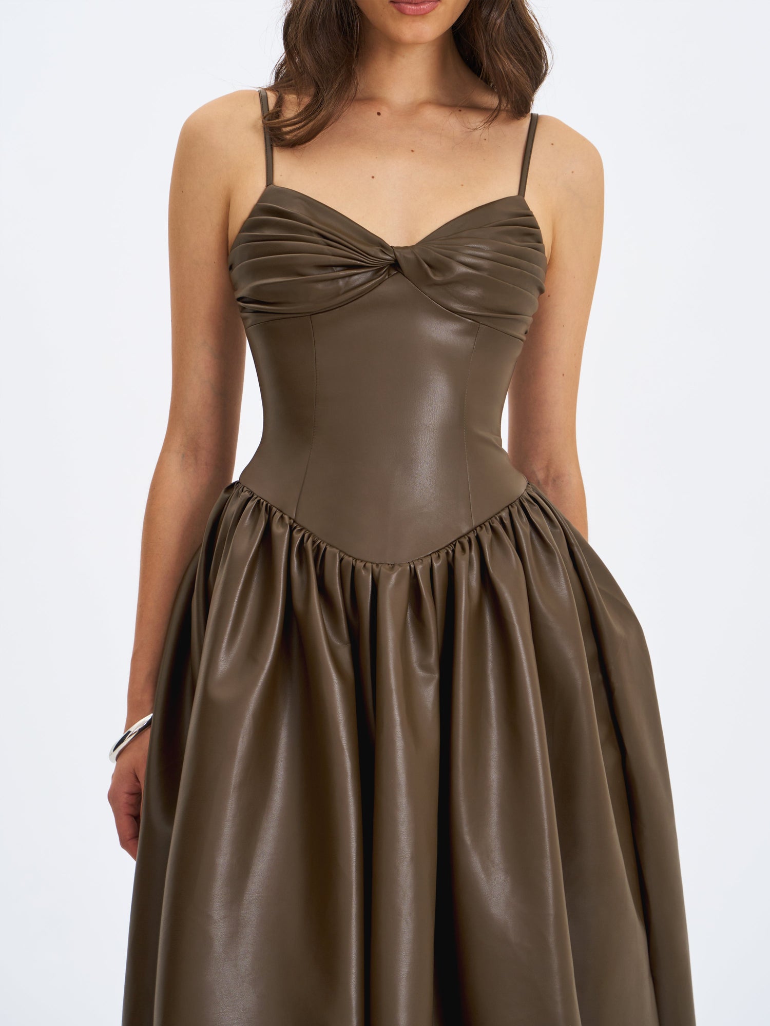 Parisia Vegan Leather Drop Waist Midi Dress | Cocoa