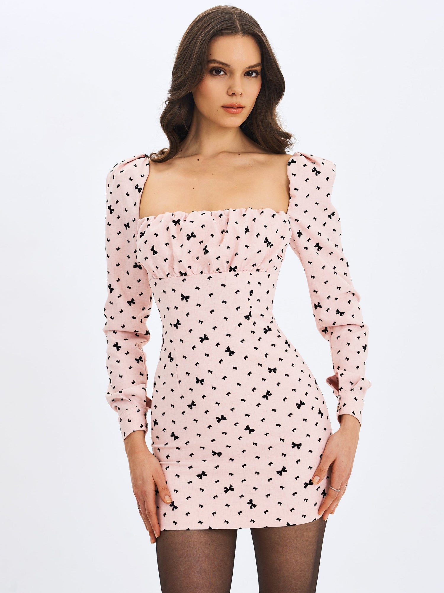 Perla Ruched Bust Velvet-Embossed Bow Mini Dress | Baby Pink