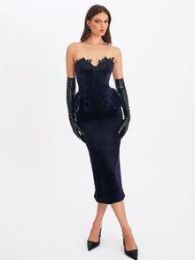Pascha Lace Applique Strapless Peplum Midi Dress | Black