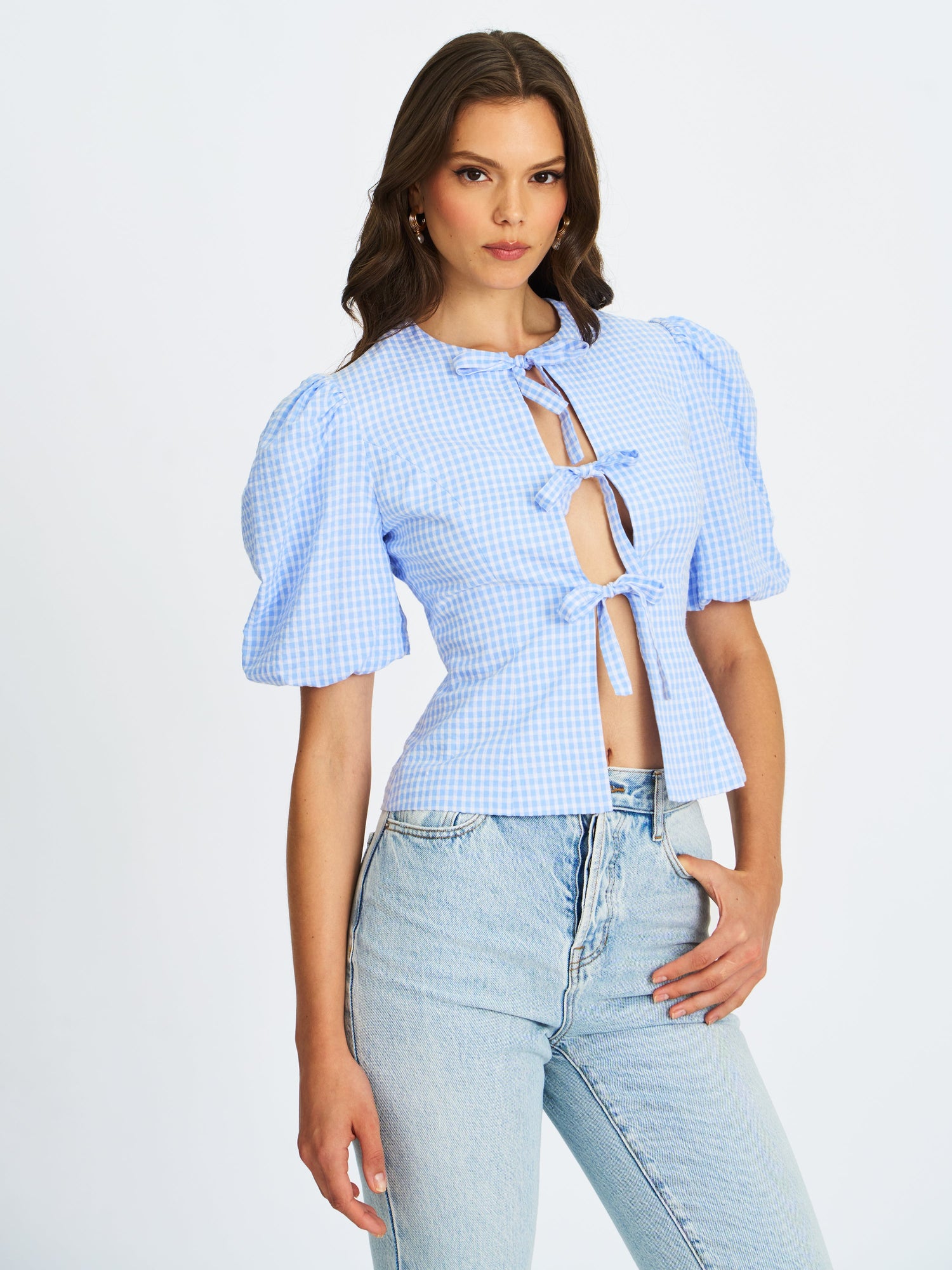 Qusayla Cotton Bubble Sleeve Bowtie Top | Baby Blue Gingham